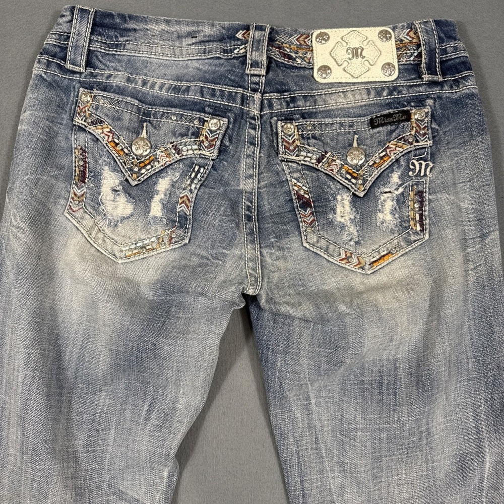 MISS ME Women's 29 Mid Rise Easy Straight Embellished TRIBAL RHINESTONE WHISKERS